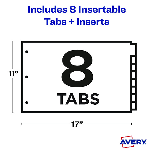 Avery Insertable Big Tab Plastic Dividers, 8-Tab, 11 x 17, Green, 1 Set 8 x Divider(s) - Write-on, Print-on Tab(s) - 8 - 8 Tab(s)/Set - 11" Divider Width x 17" Divider Length - 3 Hole Punched - Multicolor Plastic Divider - Multicolor Plastic Tab(s (11179)