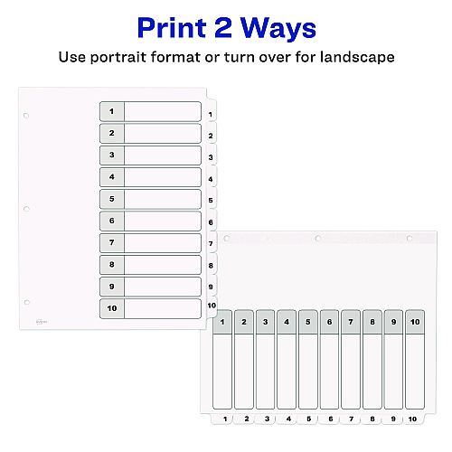 Avery Customizable Table of Contents Ready Index Black and White Dividers, 10-Tab, 1 to 10, 11 x 8.5, White, 6 Sets (11823)