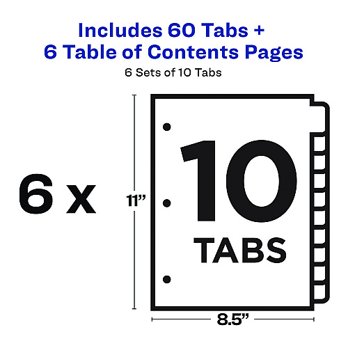 Avery Customizable Table of Contents Ready Index Black and White Dividers, 10-Tab, 1 to 10, 11 x 8.5, White, 6 Sets (11823)
