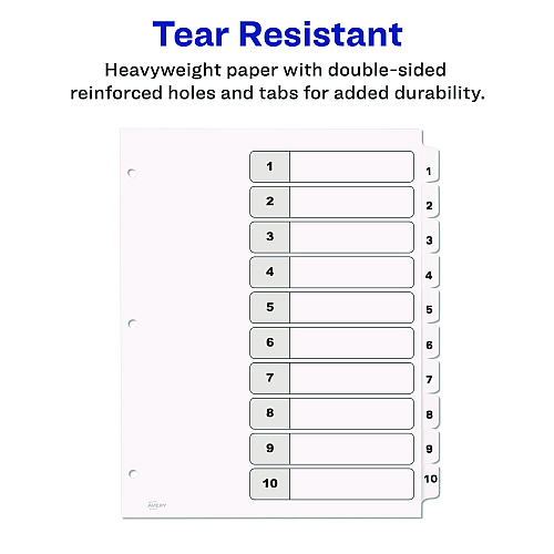 Avery Customizable Table of Contents Ready Index Black and White Dividers, 10-Tab, 1 to 10, 11 x 8.5, White, 6 Sets (11823)