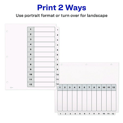 Avery Customizable Table of Contents Ready Index Black and White Dividers, 12-Tab, 1 to 12, 11 x 8.5, White, 6 Sets (11824)