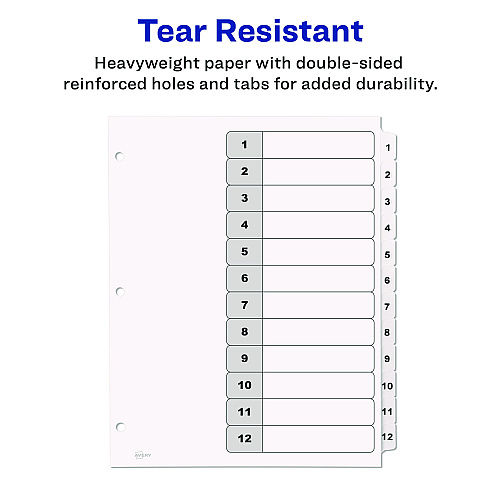 Avery Customizable Table of Contents Ready Index Black and White Dividers, 12-Tab, 1 to 12, 11 x 8.5, White, 6 Sets (11824)