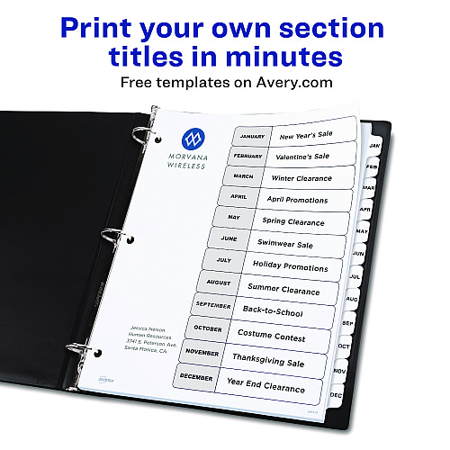 Avery Customizable Table of Contents Ready Index Black and White Dividers, 12-Tab, Jan. to Dec., 11 x 8.5, White, 6 Sets (11826)