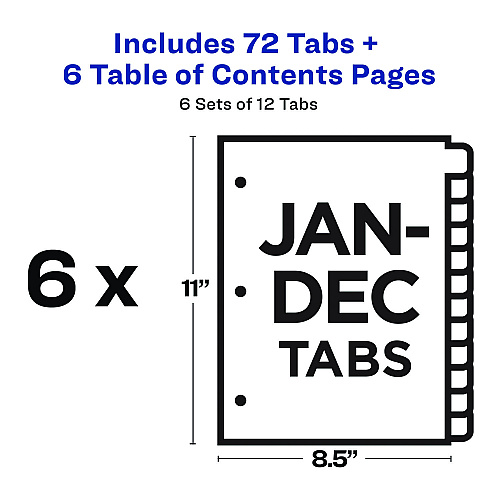 Avery Customizable Table of Contents Ready Index Black and White Dividers, 12-Tab, Jan. to Dec., 11 x 8.5, White, 6 Sets (11826)