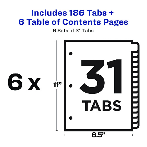 Avery Customizable Table of Contents Ready Index Multicolor Dividers, 31-Tab, 1 to 31, 11 x 8.5, White, 6 Sets (11831)