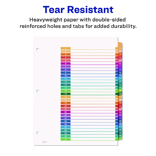 Avery Customizable Table of Contents Ready Index Multicolor Dividers, 31-Tab, 1 to 31, 11 x 8.5, White, 6 Sets (11831)