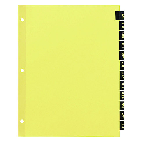 Office Essentials Preprinted Black Leather Tab Dividers, 12-Tab, Jan. to Dec., 11 x 8.5, Buff, 1 Set (11484)