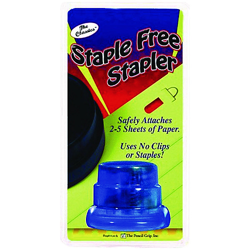 The Pencil Grip Staple-Free Stapler, 5-Sheet Capacity, 0.5" Throat Depth, Blue, 24/Carton (13324)