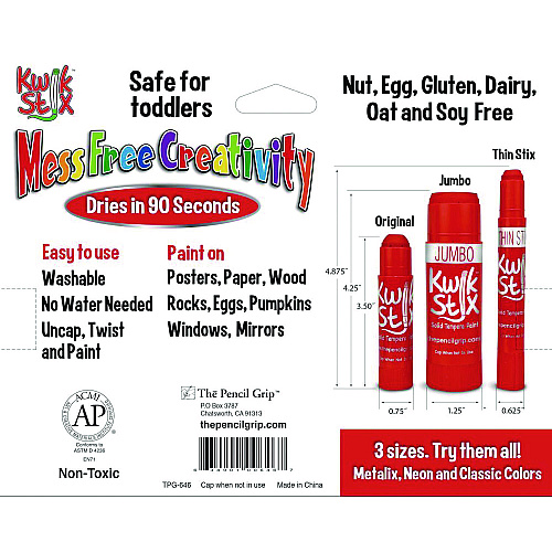 The Pencil Grip Kwik Stick Tempera Paint, 6 Assorted Metallic Colors, 6/Pack, 12 Packs/Carton (64712)