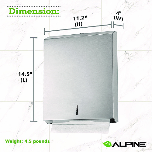 Alpine Vertical C-Fold/Multi-Fold Paper Towel Dispenser, 14.5 x 4 x 11.2, Brushed Stainless Steel (ALP480)