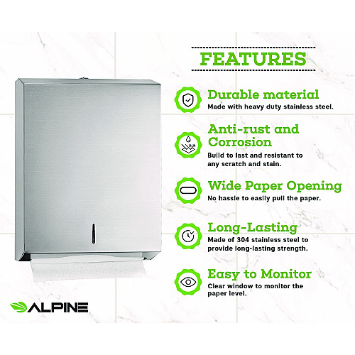 Alpine Vertical C-Fold/Multi-Fold Paper Towel Dispenser, 14.5 x 4 x 11.2, Brushed Stainless Steel (ALP480)
