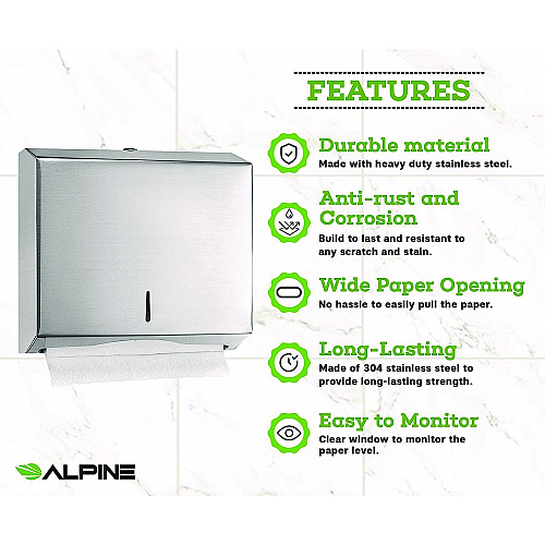 Alpine Horizontal C-Fold/Multi-Fold Paper Towel Dispenser, 10.2 x 4 x 11.2, Brushed Nickel (ALP481)