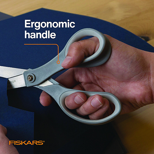Fiskars Contoured Performance Scissors, 8" Long, 3.13" Cut Length, Straight Gray Softgrip Handle (1160001005)