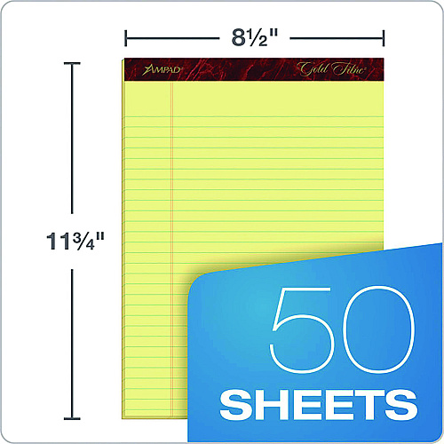 Ampad Gold Fibre Writing Pads, Wide/Legal Rule, 50 Canary-Yellow 8.5 x 11.75 Sheets, 4/Pack (20032)