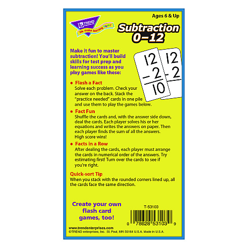 TREND Skill Drill Flash Cards, Subtraction, 3 x 6, Black and White, 91/Pack (T53103)