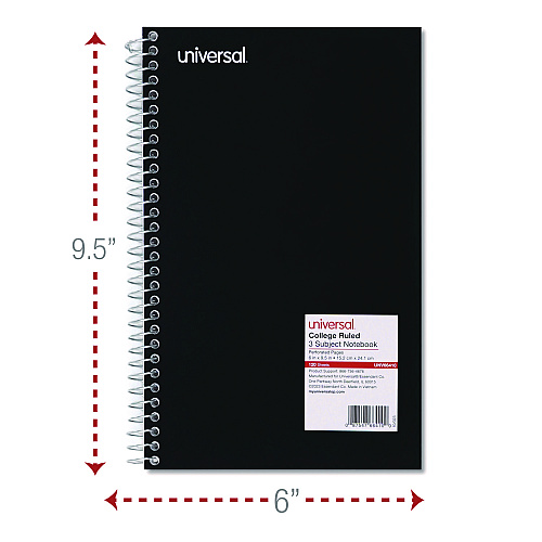 Universal Wirebound Notebook, 3-Subject, Medium/College Rule, Black Cover, (120) 9.5 x 6 Sheets (UNV66410)