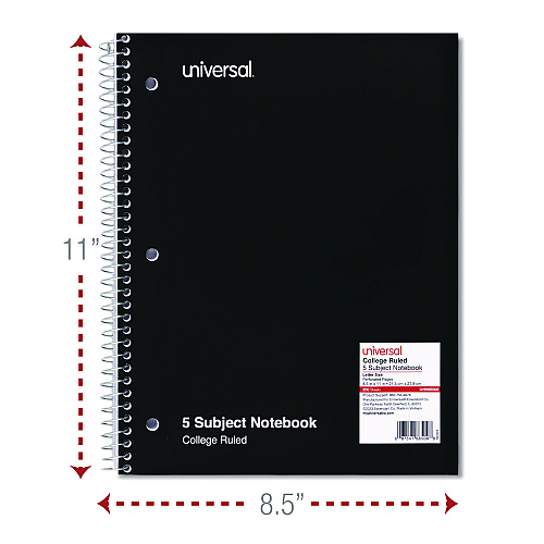 Universal Wirebound Notebook, 5-Subject, Medium/College Rule, Black Cover, (200) 11 x 8.5 Sheets (UNV66500)