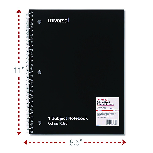 Universal Wirebound Notebook, 1-Subject, Medium/College Rule, Black Cover, (100) 11 x 8.5 Sheets (UNV66600)