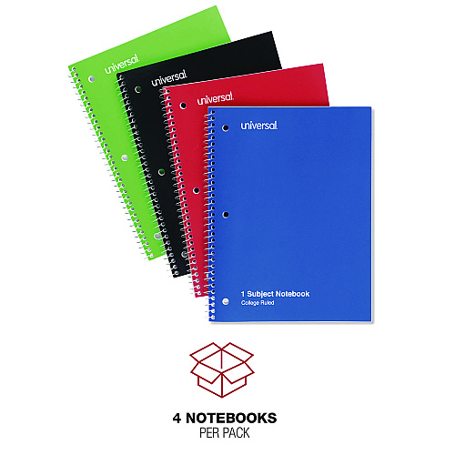 Universal Wirebound Notebook, 1-Subject, Medium/College Rule, Assorted Cover Colors, (70) 10.5 x 8 Sheets, 4/Pack (UNV66614)