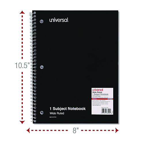 Universal Wirebound Notebook, 1-Subject, Wide/Legal Rule, Black Cover, (70) 10.5 x 8 Sheets (UNV66620)