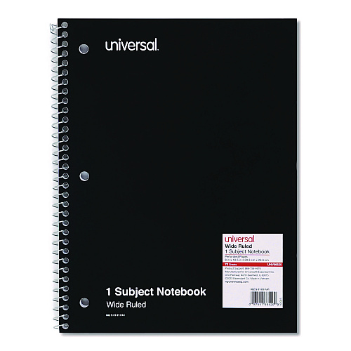 Universal Wirebound Notebook, 1-Subject, Wide/Legal Rule, Black Cover, (70) 10.5 x 8 Sheets (UNV66620)