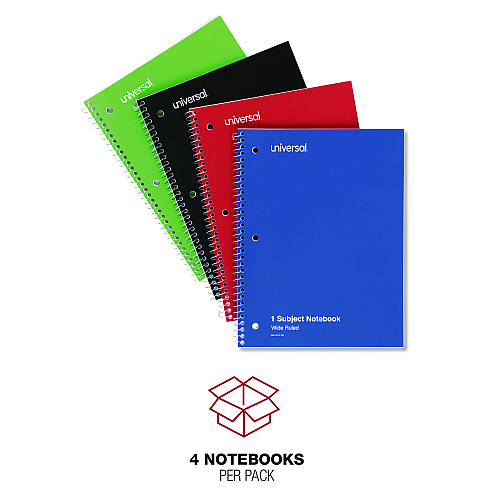 Universal Wirebound Notebook, 1-Subject, Wide/Legal Rule, Assorted Cover Colors, (70) 10.5 x 8 Sheets, 4/Pack (UNV66624)