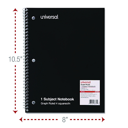 Universal Wirebound Notebook, 1-Subject, Quadrille Rule (4 sq/in), Assorted Cover Colors, (70) 10.5 x 8 Sheets, 4/Pack (UNV66634)