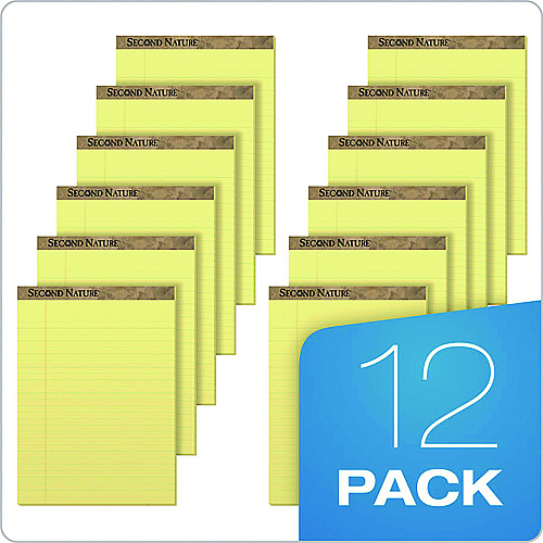 TOPS Second Nature Recycled Ruled Pads, Wide/Legal Rule, 50 Canary-Yellow 8.5 x 11.75 Sheets, Dozen (74890)