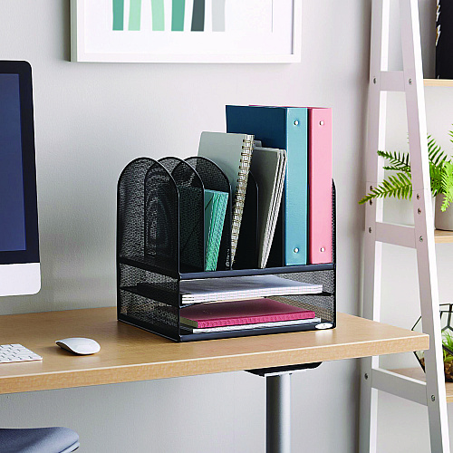 Safco Onyx Mesh Desk Organizer with Two Horizontal and Six Upright Sections, Letter Size Files, 13.25" x 11.5" x 13", Black (3255BL)