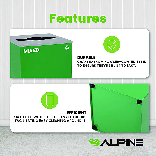 Alpine 29 Gallon Trash/Recycling Cans, Steel, Green Mixed Recycling Can with Mixed Lid (4450KITGRNMM)