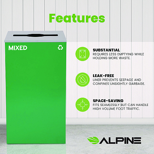 Alpine 29 Gallon Trash/Recycling Cans, Steel, Green Mixed Recycling Can with Mixed Lid (4450KITGRNMM)