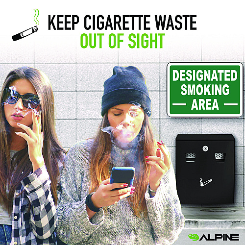 Alpine Wall-Mounted Safe Cigarette Disposal Station Outdoor Ashtray, Stainless Steel, Black (ALP49001BLK)
