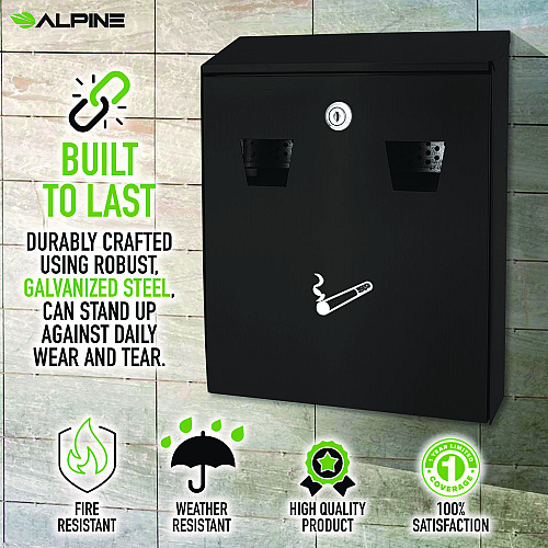 Alpine Wall-Mounted Safe Cigarette Disposal Station Outdoor Ashtray, Stainless Steel, Black (ALP49001BLK)