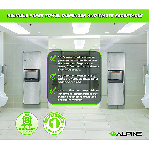 Alpine Stainless Steel Recessed Paper Towel Dispenser with Waste Receptacle, 56 x 4 x 17 (ALP492)