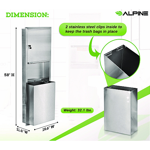 Alpine Stainless Steel Recessed Paper Towel Dispenser with Waste Receptacle, 56 x 4 x 17 (ALP492)