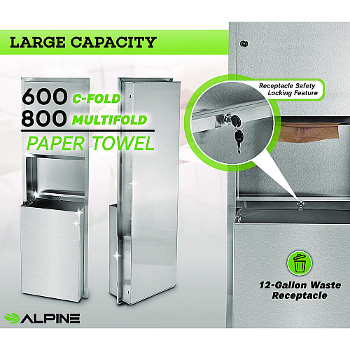 Alpine Stainless Steel Recessed Paper Towel Dispenser with Waste Receptacle, 56 x 4 x 17 (ALP492)