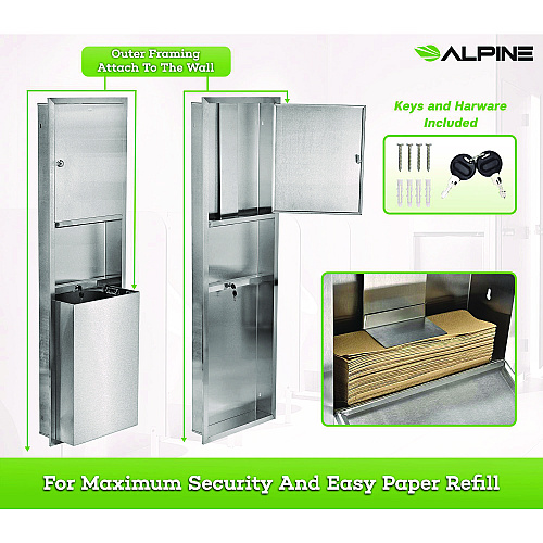 Alpine Stainless Steel Recessed Paper Towel Dispenser with Waste Receptacle, 56 x 4 x 17 (ALP492)