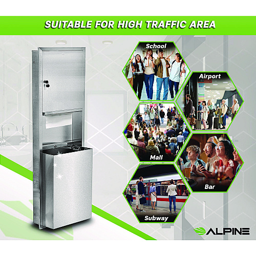 Alpine Stainless Steel Recessed Paper Towel Dispenser with Waste Receptacle, 56 x 4 x 17 (ALP492)