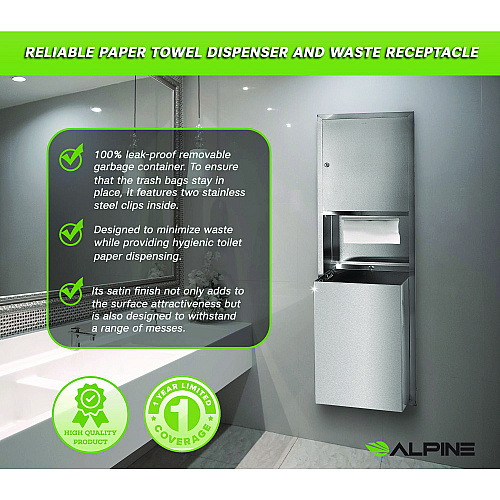 Alpine Stainless Steel Recessed Paper Towel Dispenser with Waste Receptacle, 56 x 4 x 17 (ALP492)