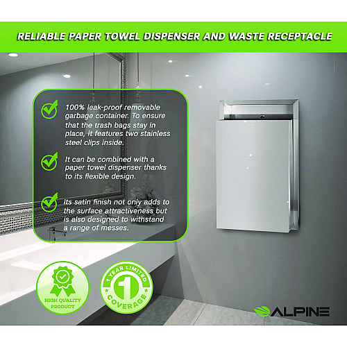 Alpine Stainless Steel Recessed 12 Gal Leak-Proof Waste Receptacle, Brushed Stainless Steel (ALP493)