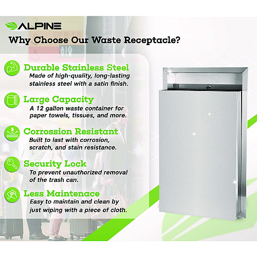 Alpine Stainless Steel Recessed 12 Gal Leak-Proof Waste Receptacle, Brushed Stainless Steel (ALP493)