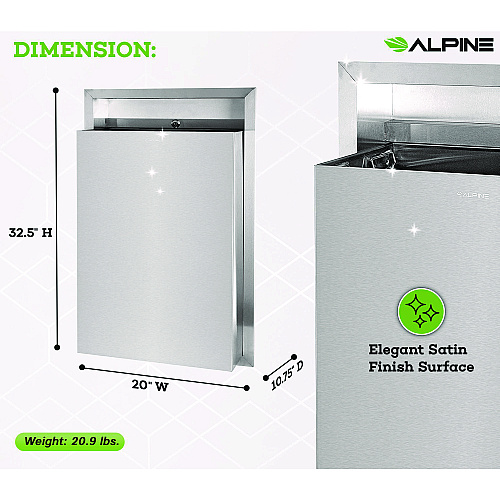 Alpine Stainless Steel Recessed 12 Gal Leak-Proof Waste Receptacle, Brushed Stainless Steel (ALP493)