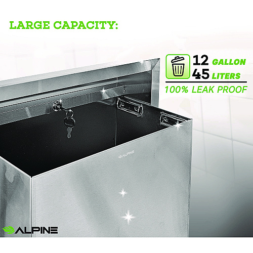 Alpine Stainless Steel Recessed 12 Gal Leak-Proof Waste Receptacle, Brushed Stainless Steel (ALP493)