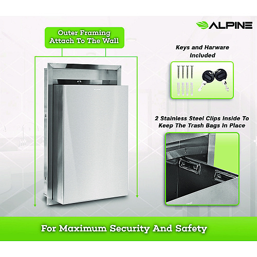 Alpine Stainless Steel Recessed 12 Gal Leak-Proof Waste Receptacle, Brushed Stainless Steel (ALP493)