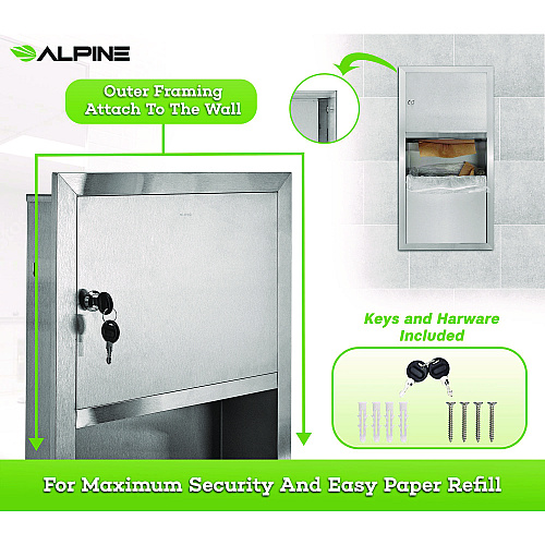 Alpine Recessed Commercial Paper Towel Dispenser with 2 Gal Waste Receptacle, 28 x 4.3 x 14, Stainless Steel (ALP495)