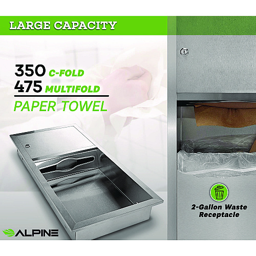 Alpine Recessed Commercial Paper Towel Dispenser with 2 Gal Waste Receptacle, 28 x 4.3 x 14, Stainless Steel (ALP495)
