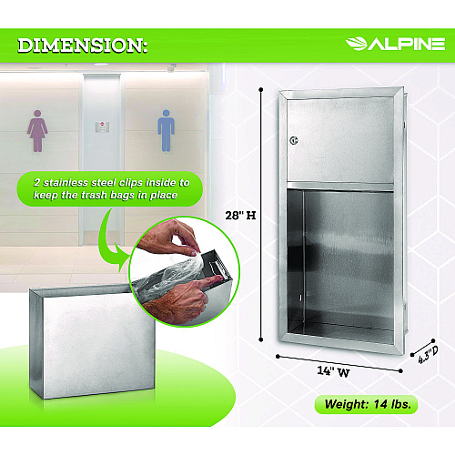 Alpine Recessed Commercial Paper Towel Dispenser with 2 Gal Waste Receptacle, 28 x 4.3 x 14, Stainless Steel (ALP495)