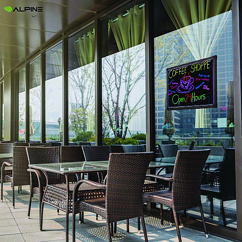 Alpine LED Illuminated Hanging Message Writing Board, 19.7" x 27.6", Black Surface, Black Aluminum Frame (ALP49503)