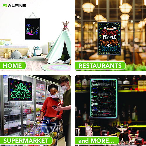 Alpine LED Illuminated Hanging Message Writing Board, 19.7" x 27.6", Black Surface, Black Aluminum Frame (ALP49503)