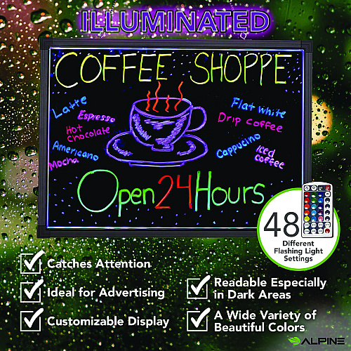 Alpine LED Illuminated Hanging Message Writing Board, 19.7" x 27.6", Black Surface, Black Aluminum Frame (ALP49503)